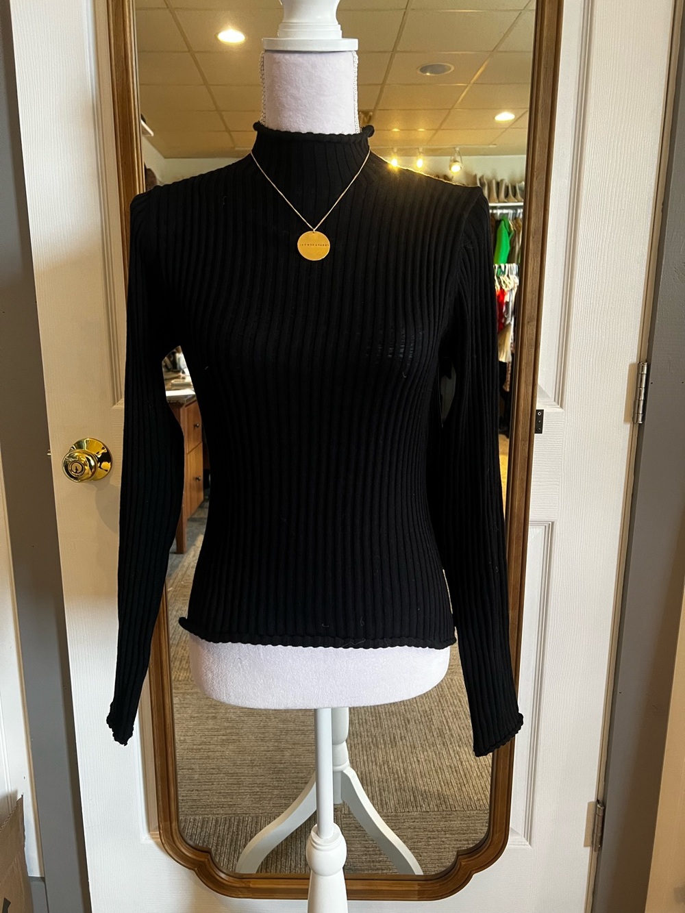 Vici Black Ribbed Mock Neck Long Sleeve Top with Lettuce Edge